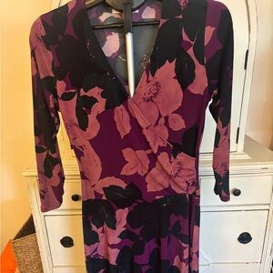 CAbi Purple and Black Floral Long Sleeve Dress